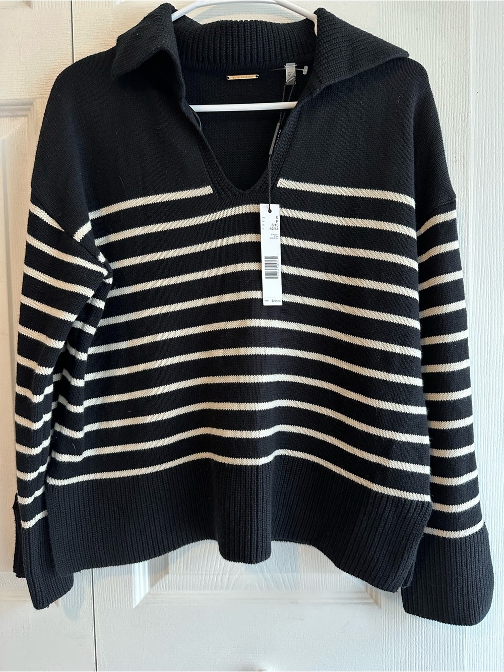 Elie Tahari Black and Cream Striped Collared Sweater Coastal Chic Knit Pullover
